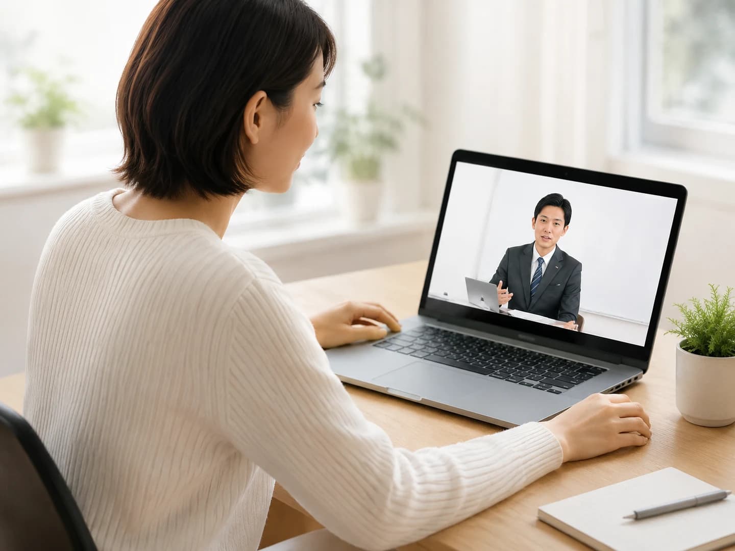 ノートPCで動画教材を視聴する女性